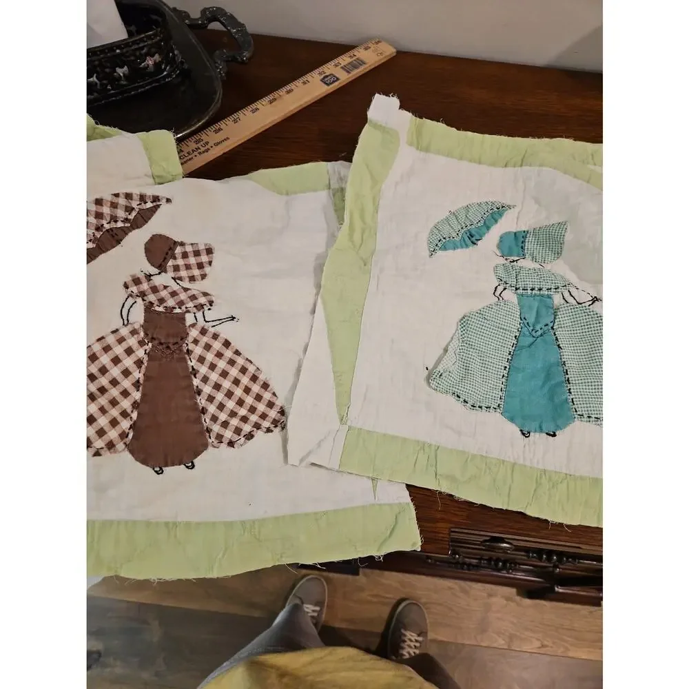 10 Vtg Sunbonnet Sue Parasol Southern Belle Applique Quilt Blocks Hand Stitched